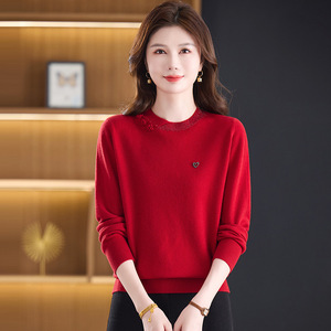 秋冬羊毛衫新款洋气圆领宽松针织衫毛衣中年妈妈装羊毛女士上衣，女装针织衫/毛衣，妃慕昵服饰