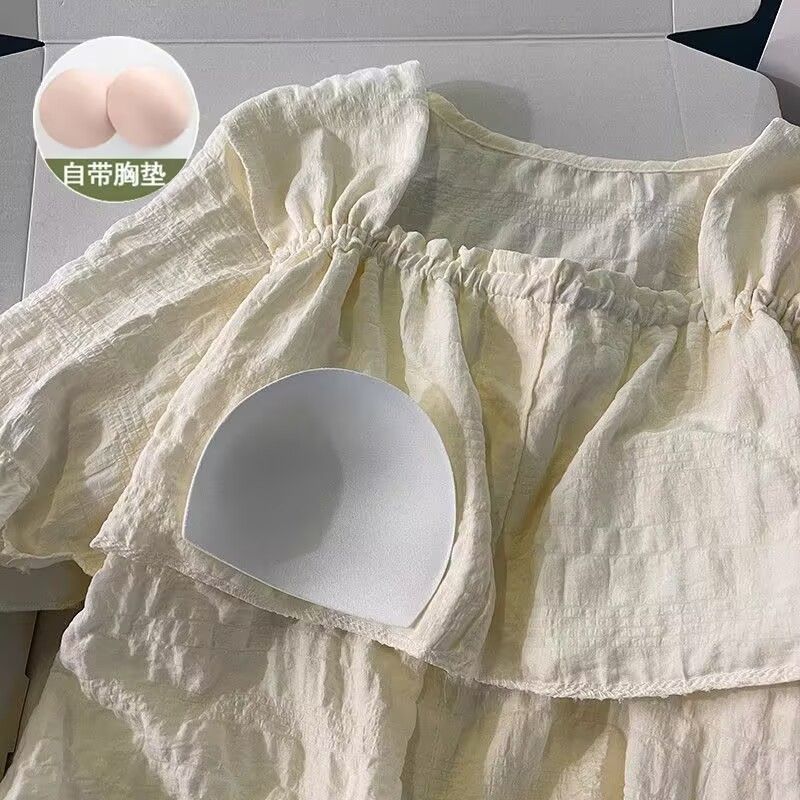 Venta al por mayor transfronteriza de verano con almohadilla para el pecho pijamas de algodón de nube pantalones cortos de manga corta para mujer estilo palacio conejo color sólido traje de servicio a domicilio