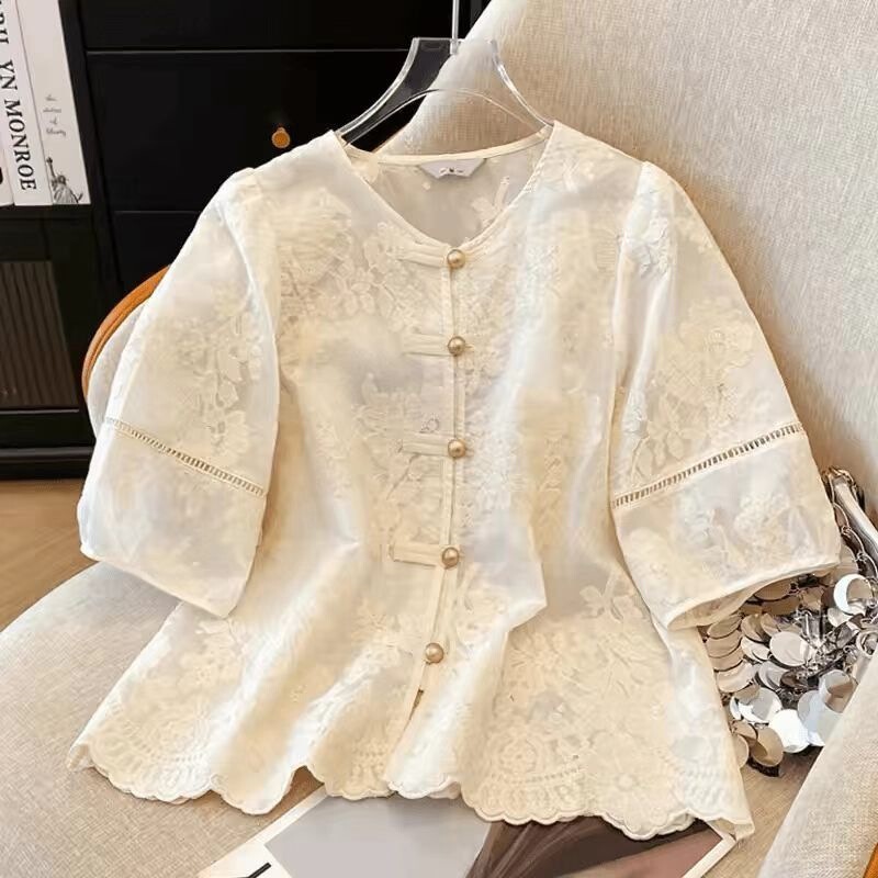 Versatile Season Shirt with Slimming Embroidery, Women's Summer Silk Chinese-Style Lace Top, New Chinese-Style Design with Lining Versatile Season Shirt with Slimming Embroidery, Women's Summer Silk Chinese-Style Lace Top, New Chinese-Style Design with Lining