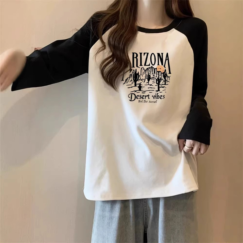 Early Autumn Loose American-Style Pure Cotton Raglan Long-Sleeve T-Shirt for Women, Suitable as an Inner Layer or Outerwear, Age-Reducing Top, Trendy Ins Style Early Autumn Loose American-Style Pure Cotton Raglan Long-Sleeve T-Shirt for Women, Suitable as an Inner Layer or Outerwear, Age-Reducing Top, Trendy Ins Style
