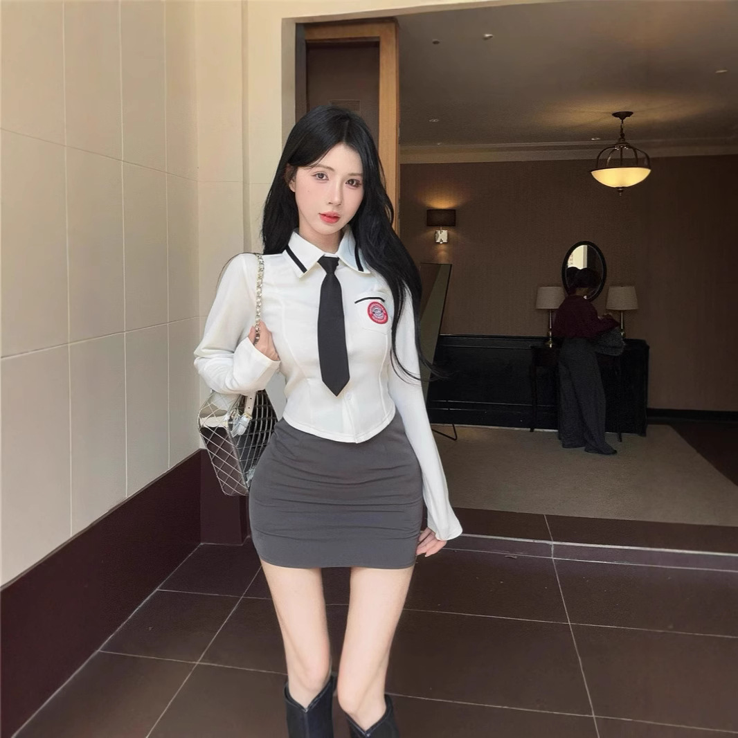 한국 세련된 대학 스타일 JK 유니폼 긴팔 슬림 핏 셔츠 넥타이 힙합 스커트 핫 소녀 투피스 세트