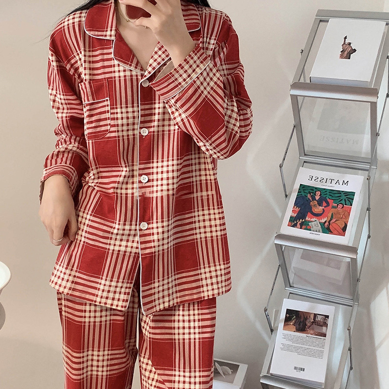 Couple Pajamas Women's Christmas Plaid Autumn and Winter Thin Long-sleeved Open Chest New Simple Casual Home Clothes for Outer Wear