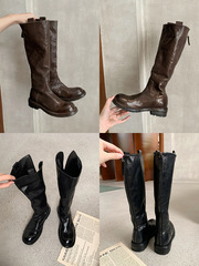 秒發~葡萄媽復古水洗馬皮高筒顯瘦中長筒靴粗跟厚底騎士靴女