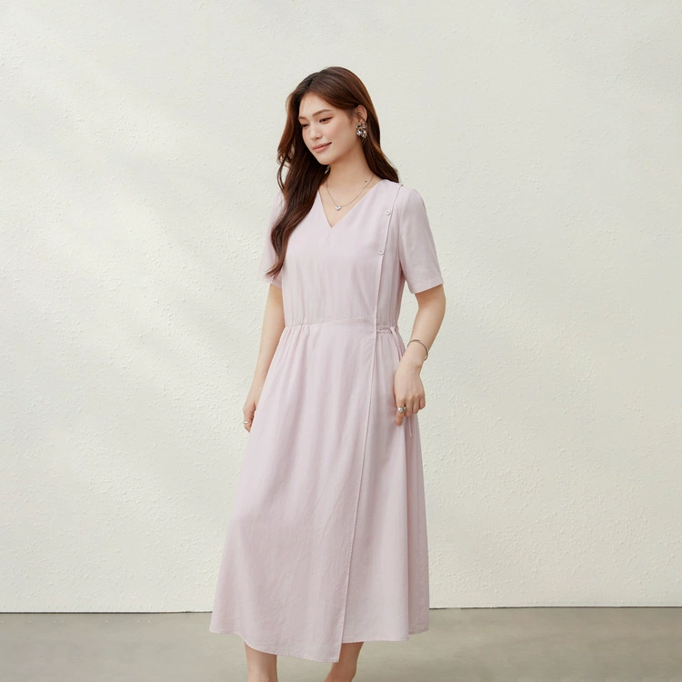 [Lan'an Time] французское платье из 100% лиоцелла с v-образным вырезом, тонкая и яркая женская одежда больших размеров, новый летний стиль для полных мм