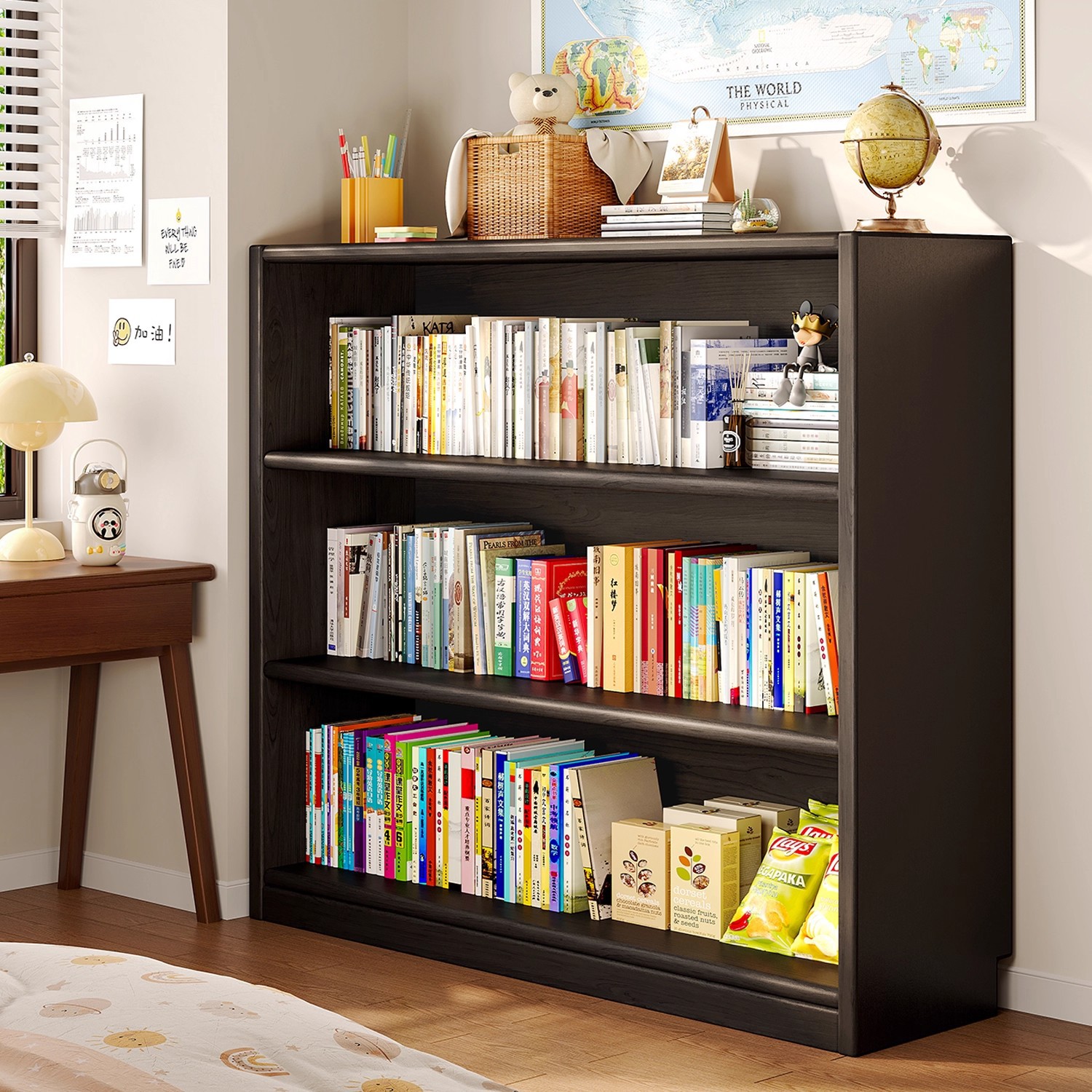 Estante de madera sólida un estante de piso contra la pared armario negro armario de almacenamiento para estudiantes estante de libros simple