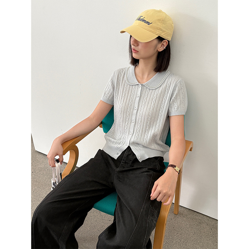 【Clearance No Returns】Baby Doll Collar Short Sleeve Knitted Cardigan for Women, Autumn Beaded Simple Loose Top 19211 【Clearance No Returns】Baby Doll Collar Short Sleeve Knitted Cardigan for Women, Autumn Beaded Simple Loose Top 19211