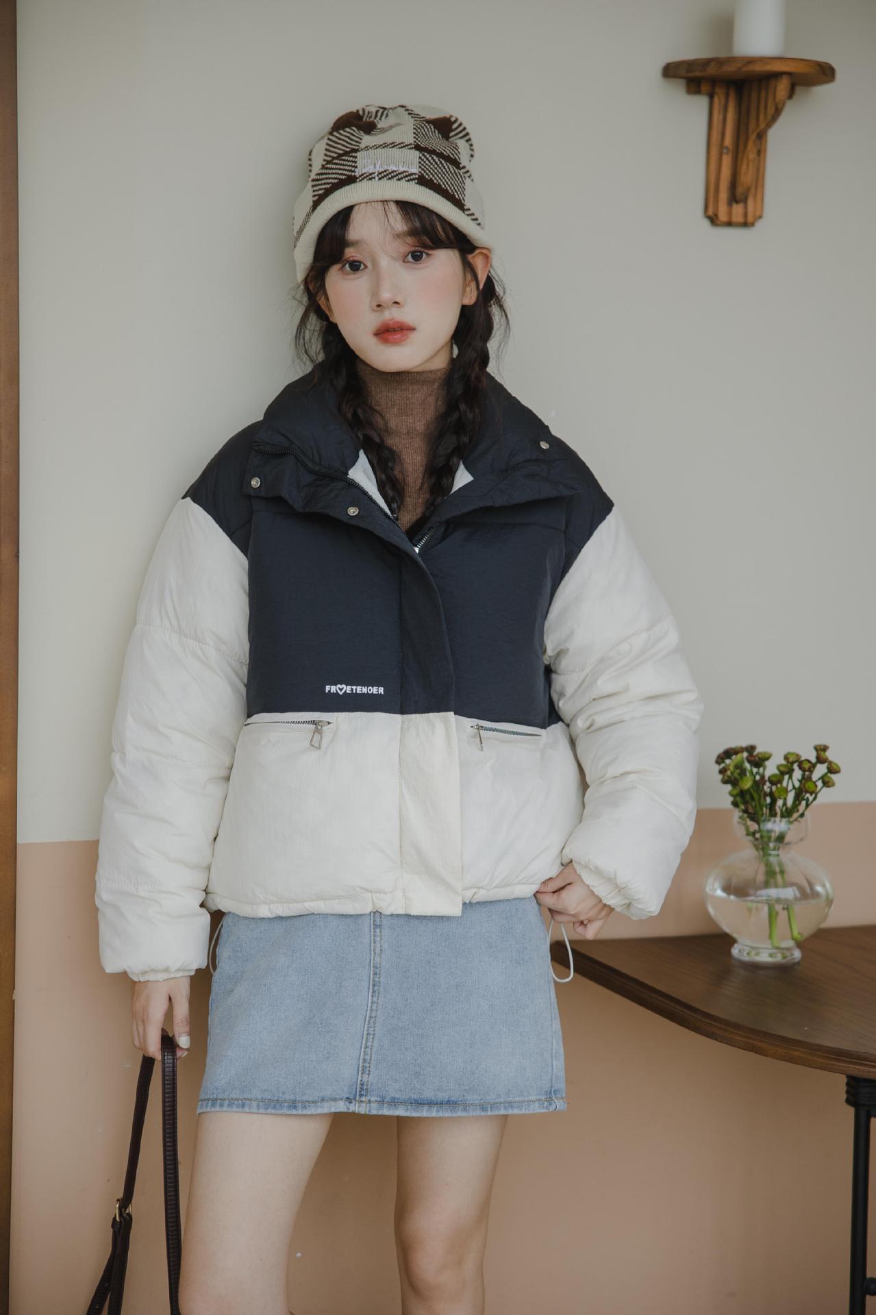 Little Women's Cotton-padded Clothes Winter Niche Design Color-blocking Korean Version Thickened Short High-neck Warm Cotton Coat