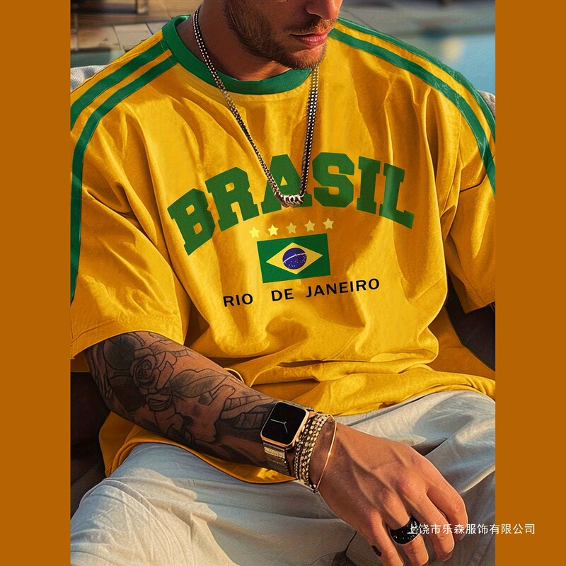 2025 Cross-Border Hot Selling 3D Printed Unisex Trendy Retro Large Loose Brazilian National Football Team T-Shirt
