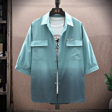 2023夏季新款渐变工装中袖衬衫男士韩版修身青年休闲半袖衬衣潮男