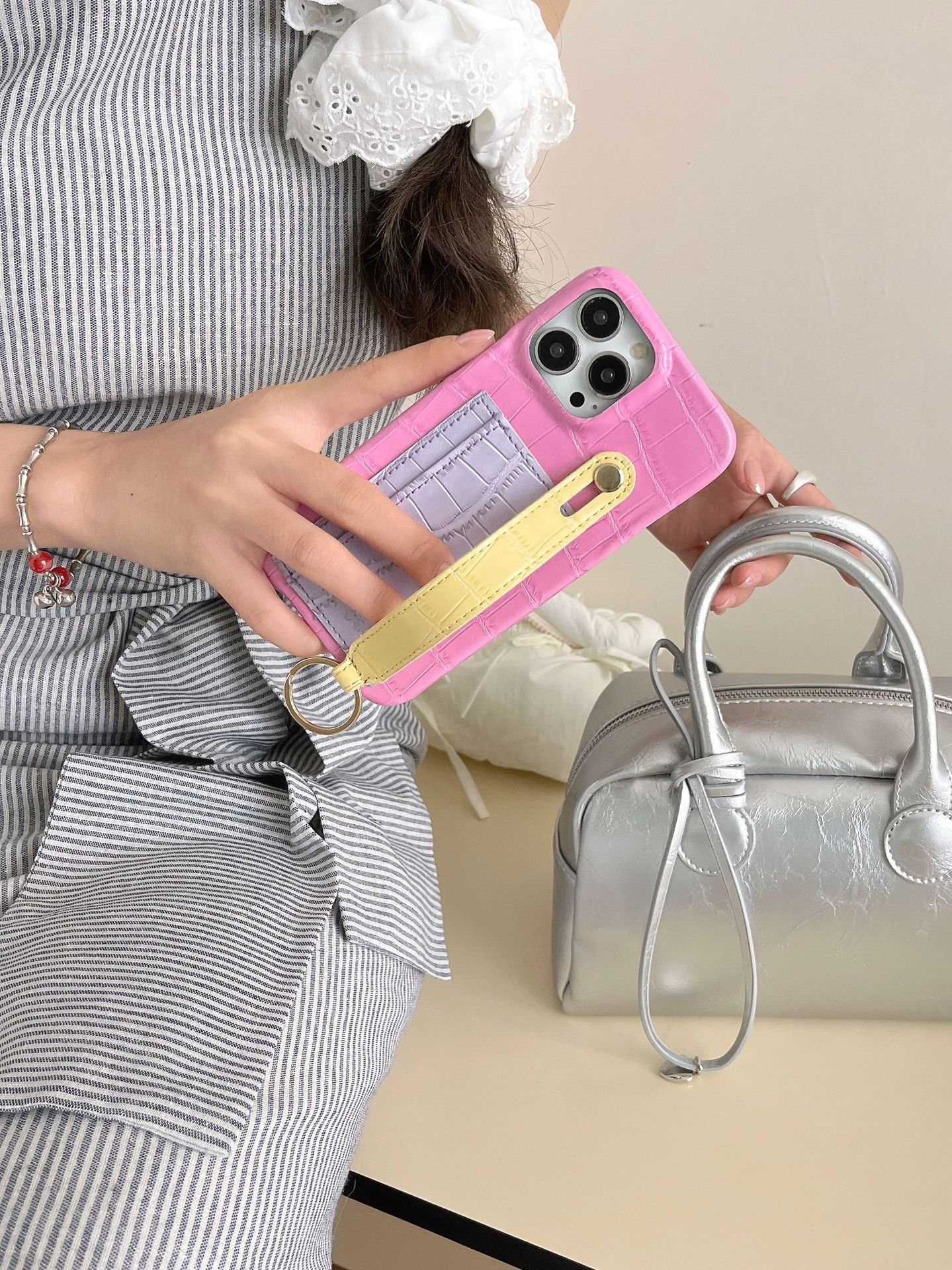 Bolso de tarjeta con estampado de cuero en contraste para niña ins para estuche para teléfono móvil iPhone16ProMax 12 Apple 13/14PM femenino 15