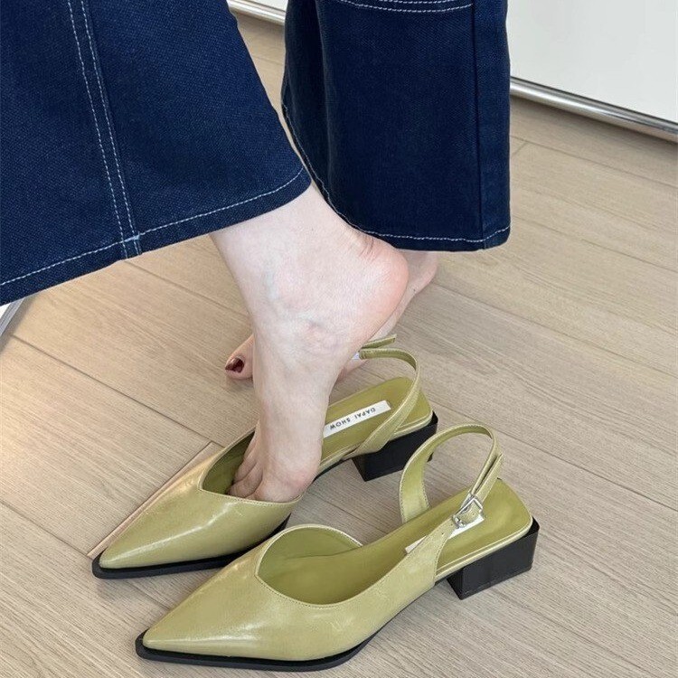 Chunky Heeled French Toe-covered Sandals for Women 2025 Spring and Summer New Arrival Middle Heeled Pointed Shoes for Women