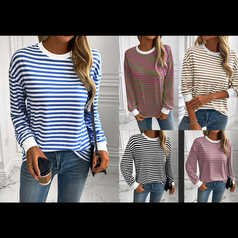 2024 Cross-border Amazon European and American Navy Striped T-shirt Loose Long Sleeve Sweatshirt Striped Crewneck T-shirt Top
