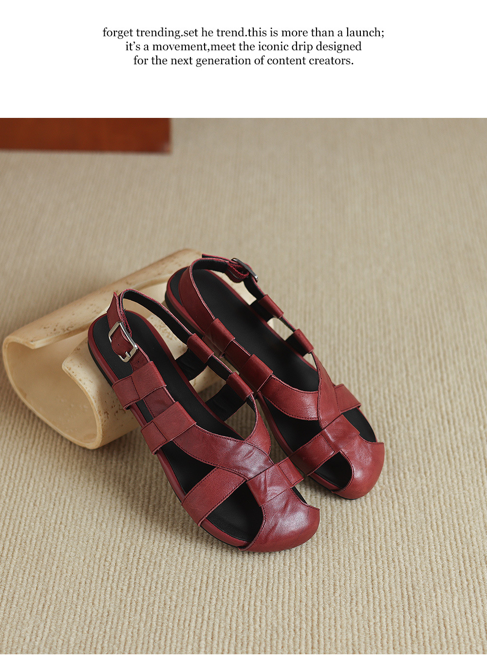 Sandal nữ bệt bọc mũi da bò đan vintage phong cách La Mã — Gạch đỏ chi tiết 21
