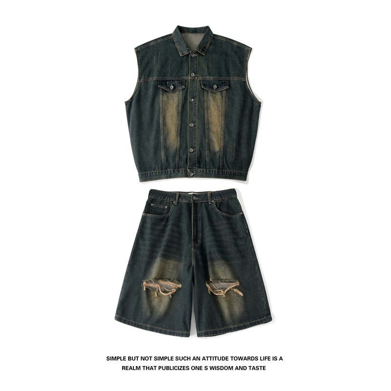 American Style Old Style Retro Sleeveless Denim Vest Men's Summer Trendy Brand Street Loose All-match Five-point Pants Set