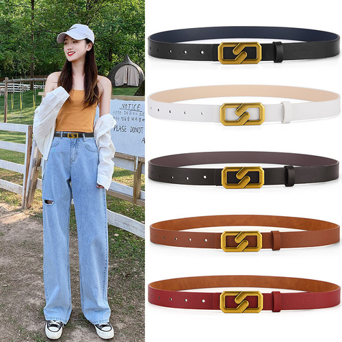 Belts for women with figure buckle, fashionable and simple, versatile belts for women, decorative, high-end jeans with thin Korean version, trendy black