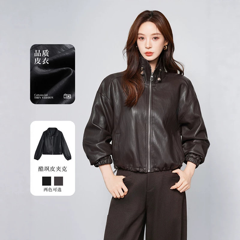 New Haining genuine leather cool and stylish stand-up collar short leather jacket for women, black biker jacket, slimming and high-end fashion