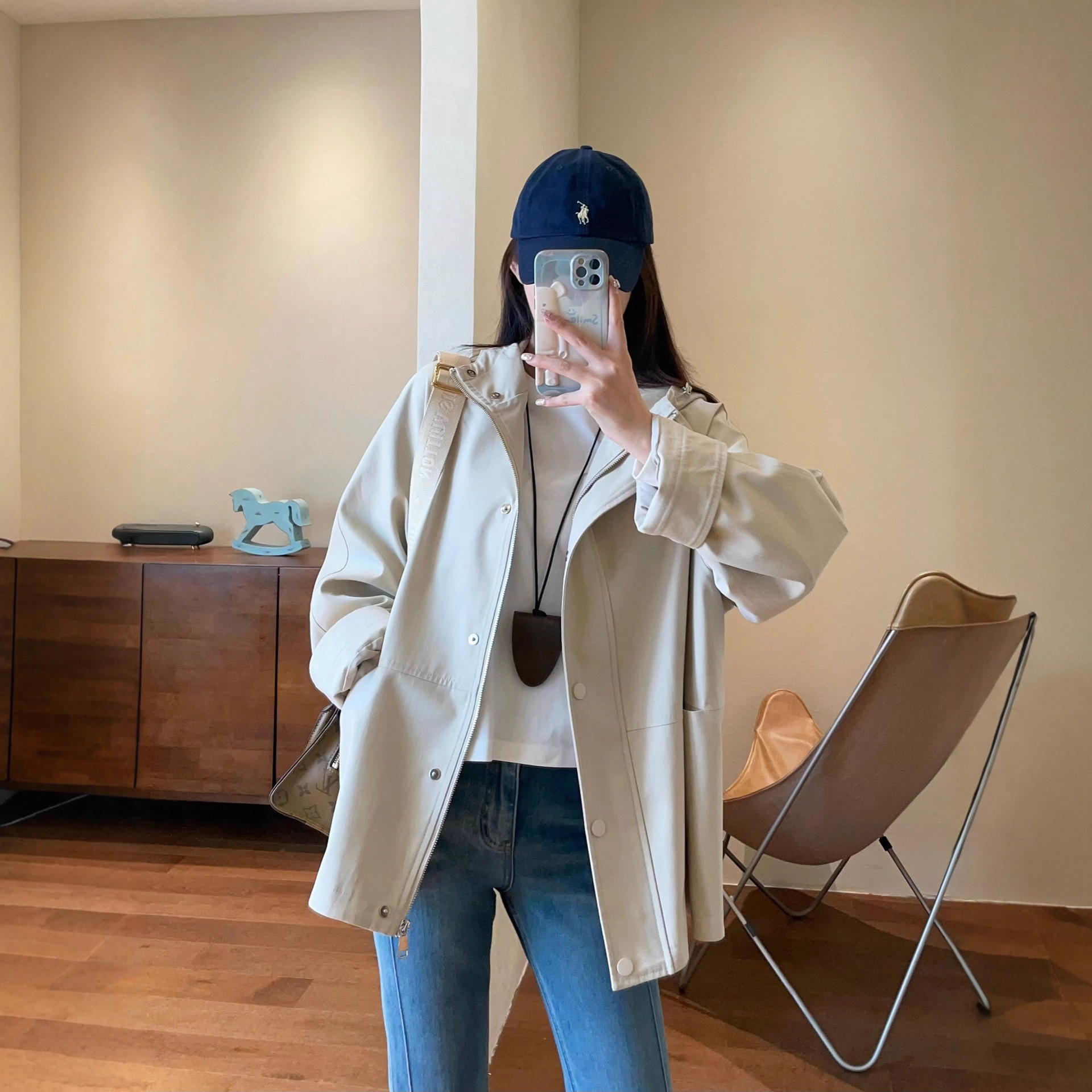 High-Quality Tencel Cotton Slim-Fit Mid-Length Workwear Hooded Windbreaker Jacket for Petite Figures, 2026 Spring/Autumn