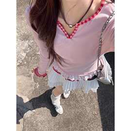 粉色V领格子拼接假两件长袖T恤女2025春秋新款内搭外穿打底衫上衣