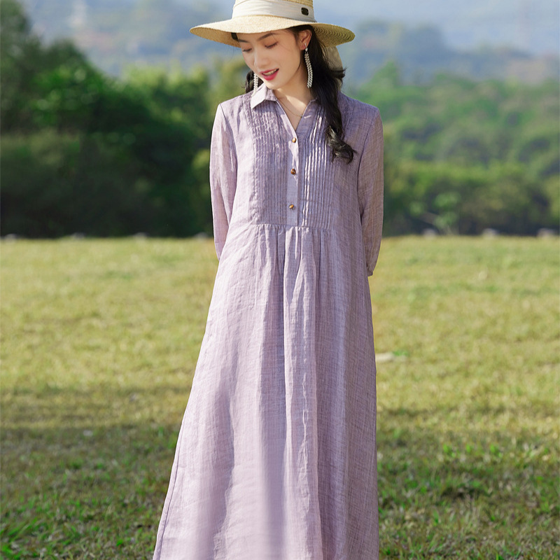 Artistic Cotton and Linen Women's Clothing 2025 New Style Three-Quarter Sleeve Pure Ramie Dyed Dress V-Neck Casual Plus-Size Robe