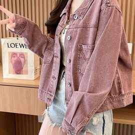 小个子粉色牛仔外套女春秋新款复古宽松显百搭短款夹克上衣
