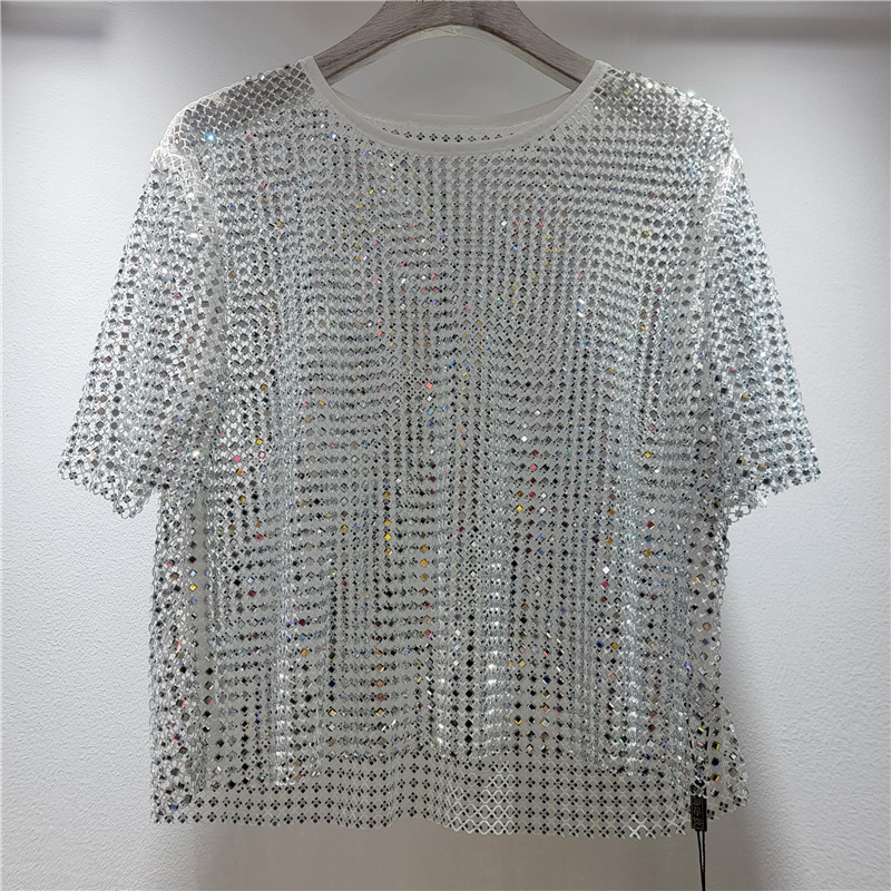 Diámetro de diamante hueco de diseño de perspectiva sensación de cuello redondo chaqueta corta delgada camiseta de mujer estilo extranjero blusa universal