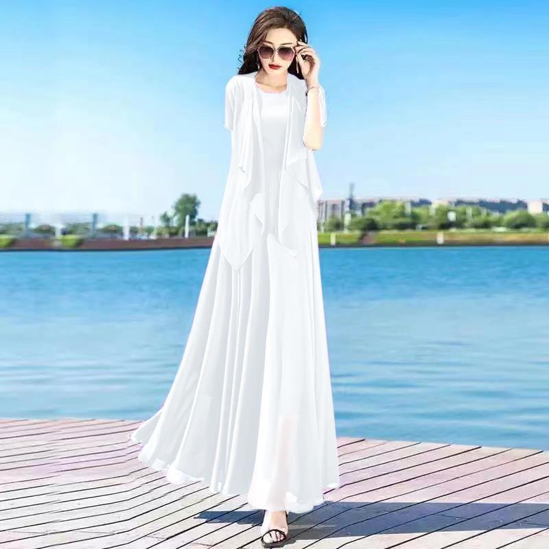 2025 White Large Hem Chiffon Skirt Women's Two-Piece Dress Suit Long Large Size Seaside Photo Skirt Women