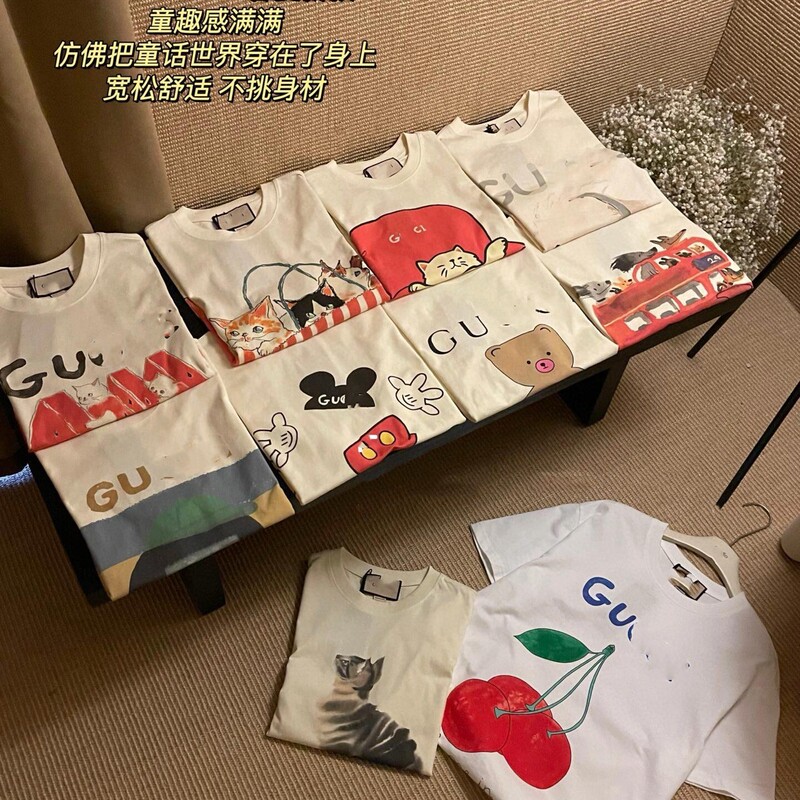 Cross-border G Gujia Short-sleeved T-shirt 2025 Summer Watermelon Cat Dog Pattern Water Printed Trendy Brand for Men and Women