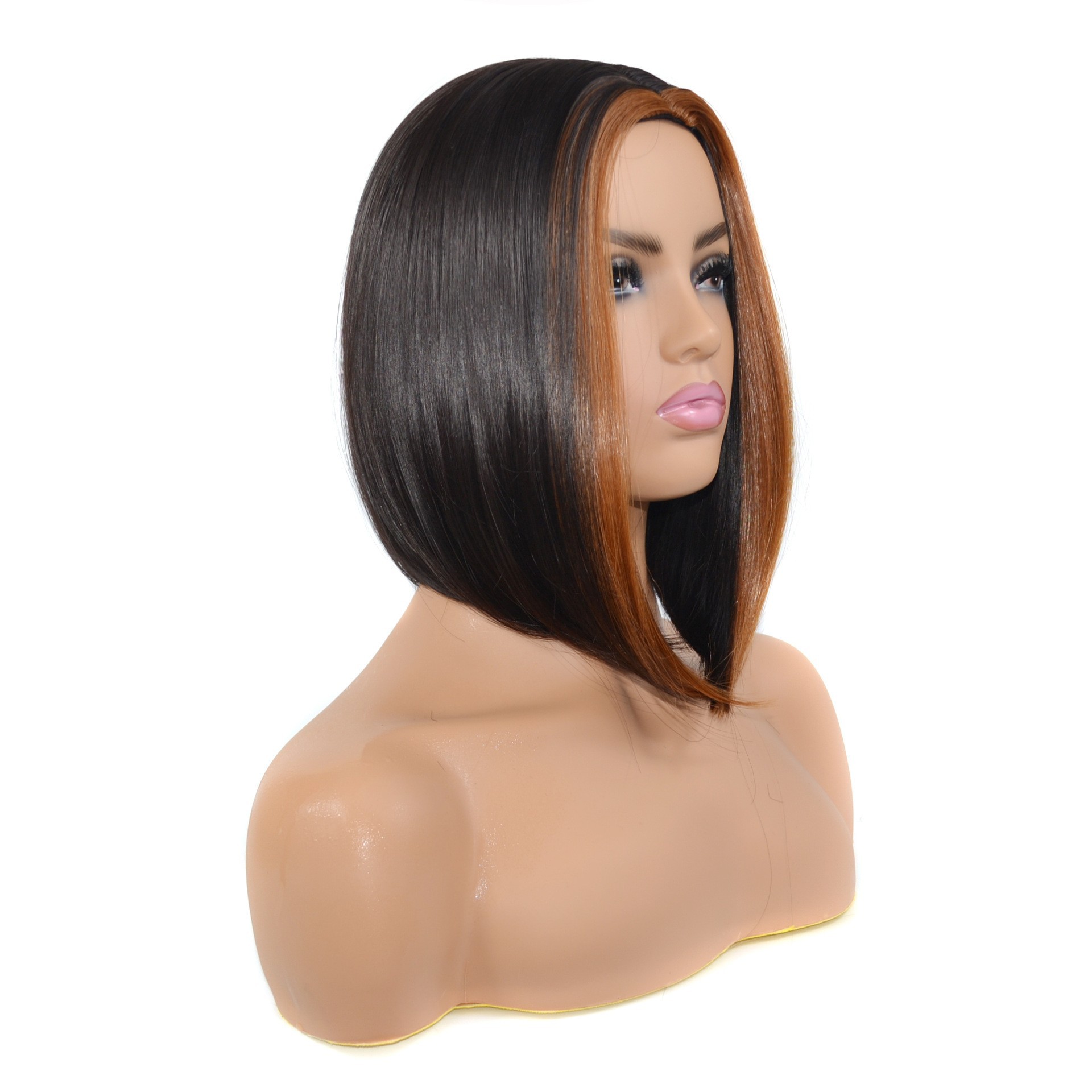 Perruque synthétique teint au centre, brun clair, longueur moyenne, cheveux courts, couvre-tête_voghion.com