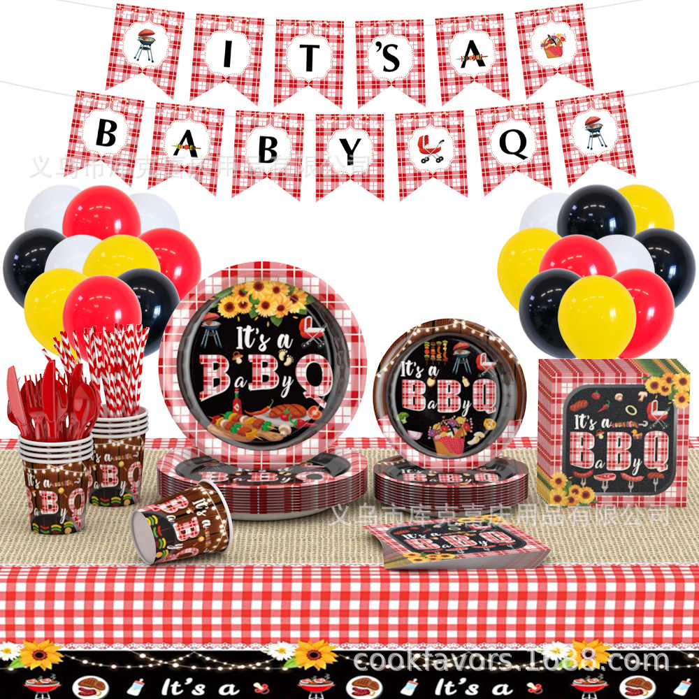 BBQ transfronterizo suministros de decoración de fiesta de baño de bebé bautismo de bebé bandeja de papel desechable taza de papel para tirar de la decoración de la bandera