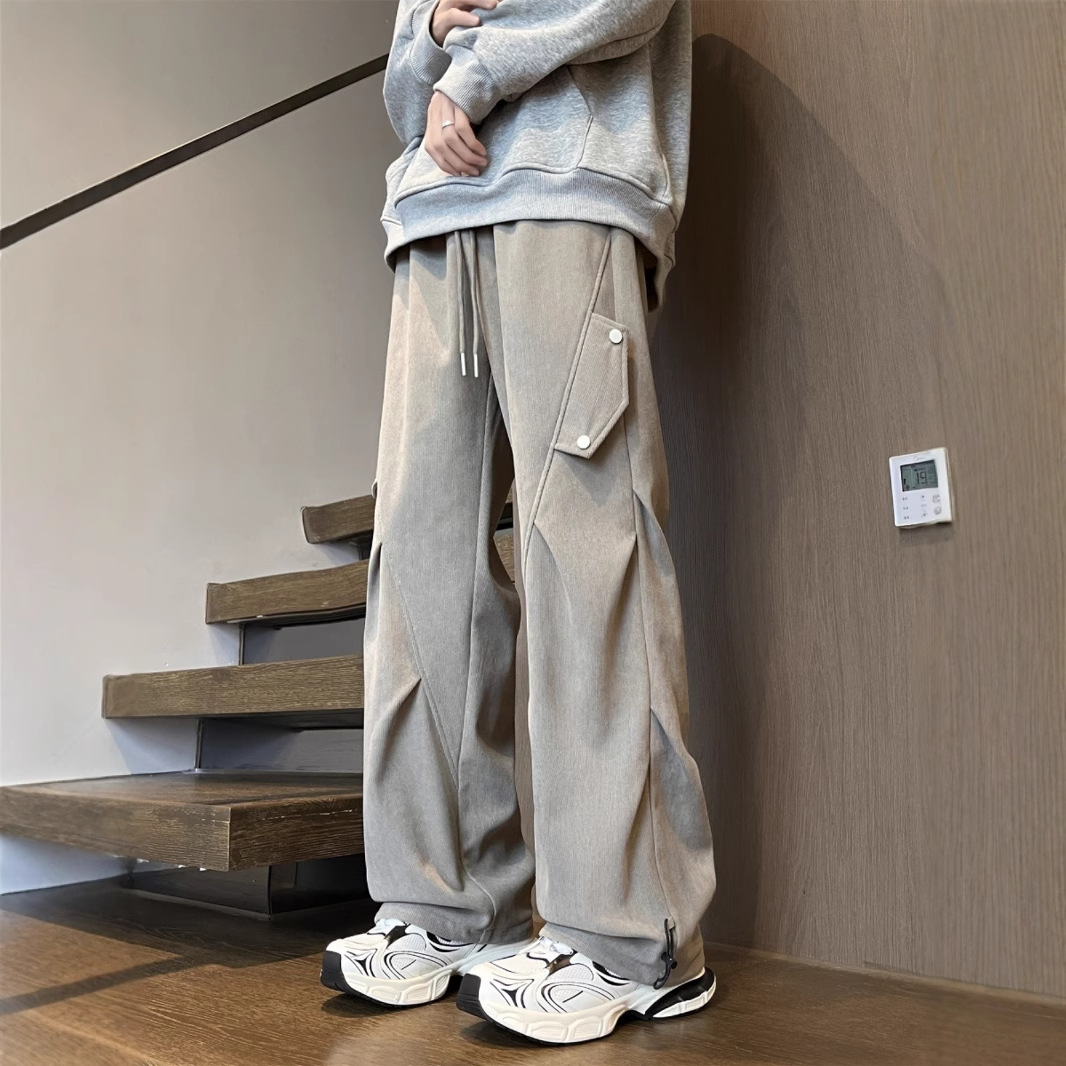 Corduroy Overalls Boys Autumn and Winter Loose Casual Pants Fashion Brand fleece-lined Thickened Pants Men's Wide Leg Pants