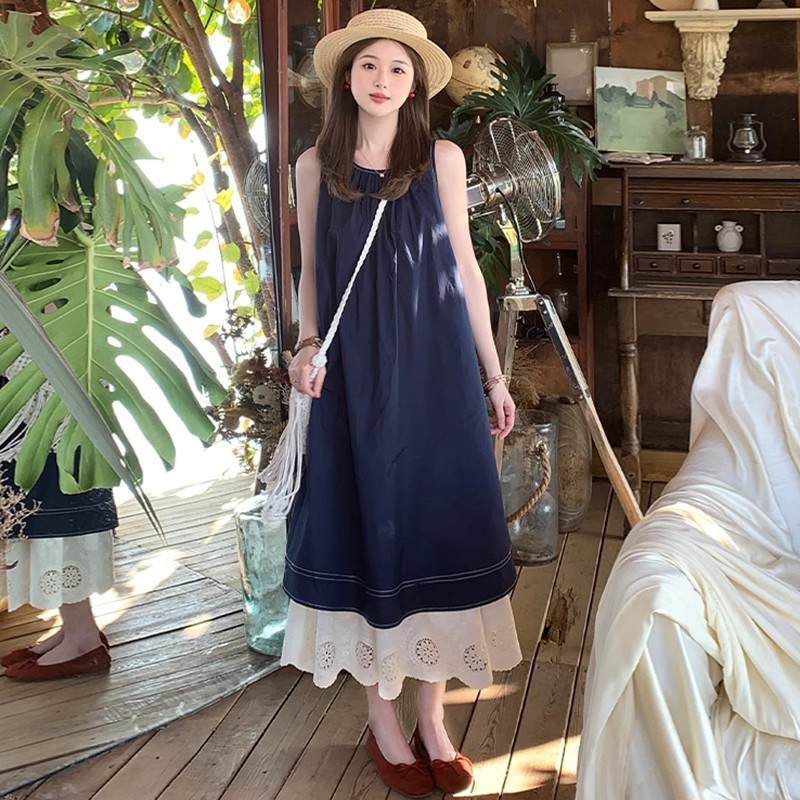 孕妇连衣裙夏季2025新款高级无袖拼接蕾丝边显瘦外穿蓝色背心裙子|undefined