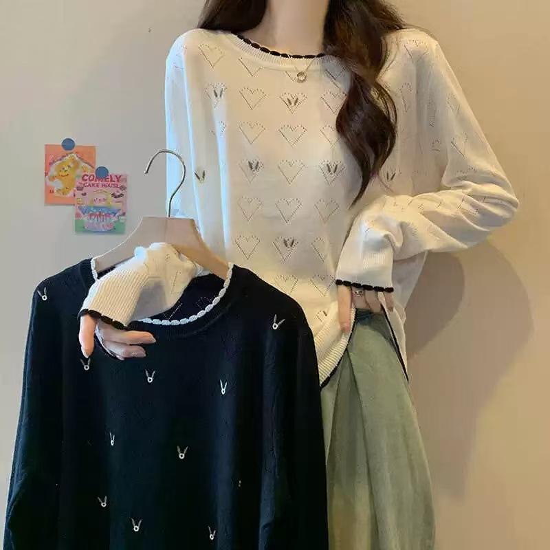 Hollow Love Peach Long-sleeved Knitted Shirt Autumn New Belly-covering Sweater Base-Layer Shirt Western-style Slimming High-end Top for Women
