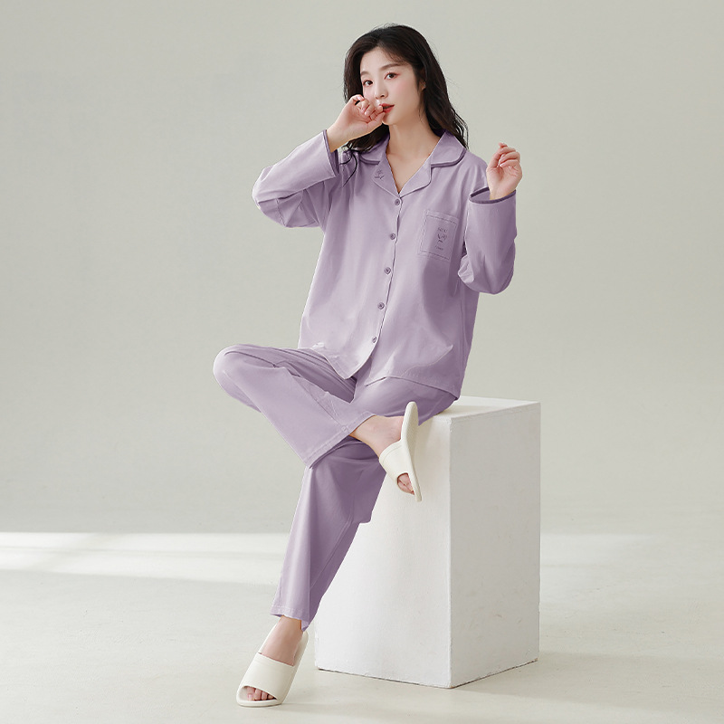 잠옷 여성의 새로운 [COOL COTTON] 긴 소매 바지 세트 옷깃 가슴 패드 솔리드 컬러 편안한 외부 착용 홈 의류 세트