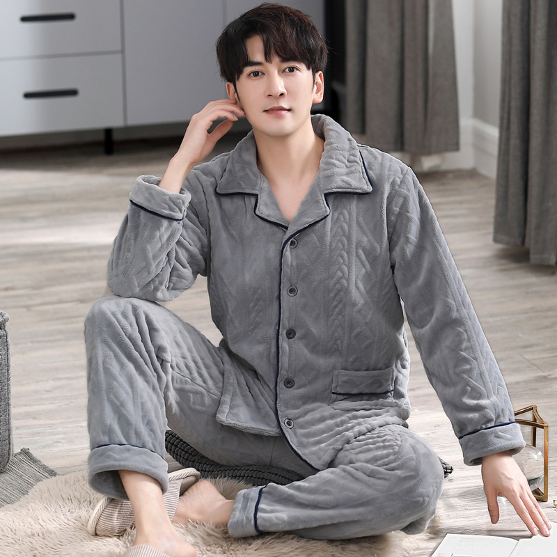 Pijamas de hombre para hombre Otoño e Invierno coral fleece cardigan cálido invierno forrado de lana engrosada franela traje de hombre