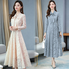 実際に長袖のレースのワンピースの女性の2025春の服装の新型の韓国版の中で長いです。