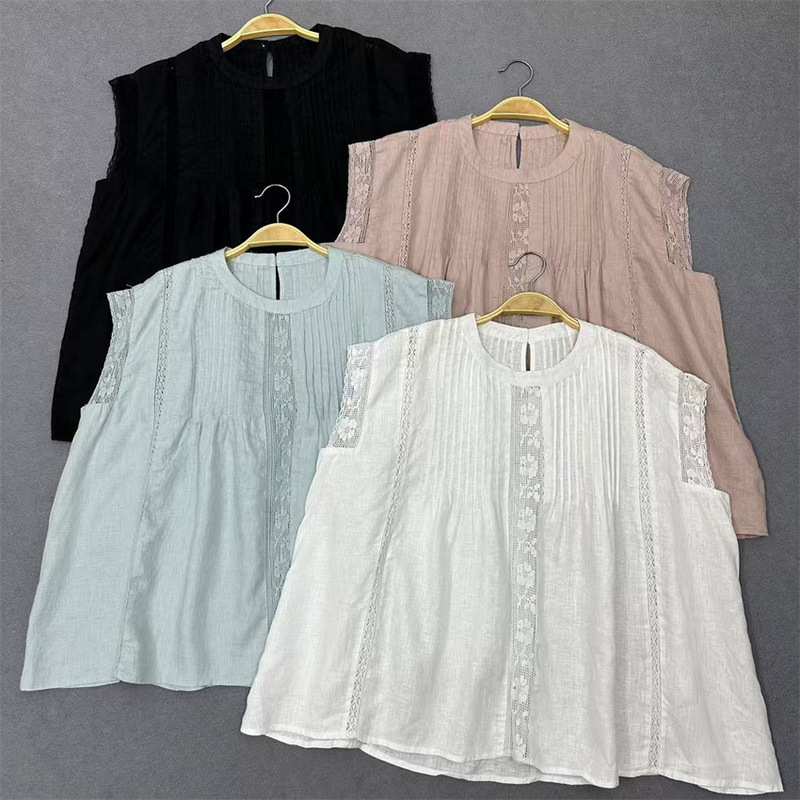 Japanese Style Fresh and Sweet Linen Shirt Women's Summer New Arrival Stitching Lace Age-reducing Loose Sleeveless Doll Shirt