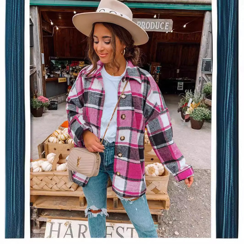 Ins-style autumn street style European and American long-sleeved collar loose women's grid shirt coat