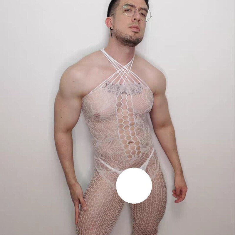 Cross-Border European and American Men's Erotic Lingerie Hollow-Out Open-Crotch Mesh Clothing Male Gay Cross-Dresser Seductive Bodysuit Sexy Fishnet