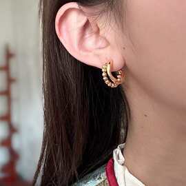 复古串珠圆圈耳环新款法式女925银针时尚精致ins高级感电话线耳饰