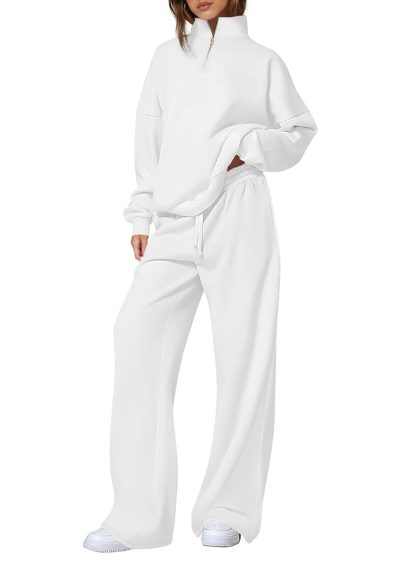 独立站女式休闲两件套2025秋冬季半拉链运动衫直筒裤运动服旅行套|undefined