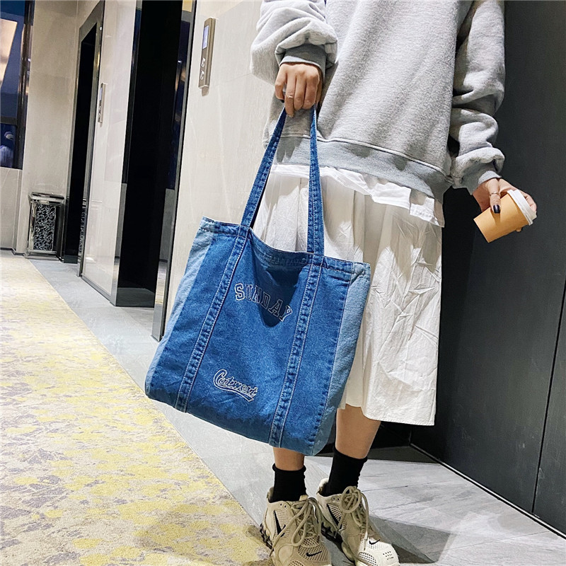 批发新款古着感少女斜挎包 韩版百搭ins牛仔单肩包学生文艺帆布包|ms