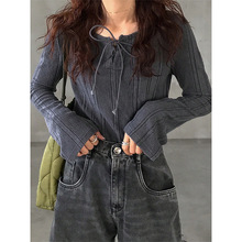 纯色圆领绑带喇叭袖T恤女2025秋季新款小个子修身显瘦内搭上衣