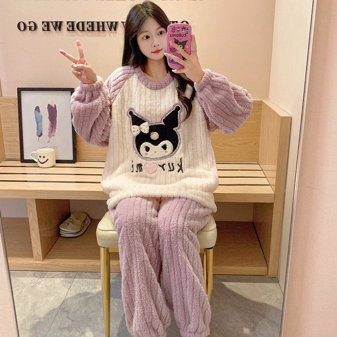 겨울 새 잠옷 여성 피트 벨벳 크루 넥 풀오버 긴 소매 바지 달콤한 귀여운 따뜻한 집 옷 세트 겨울