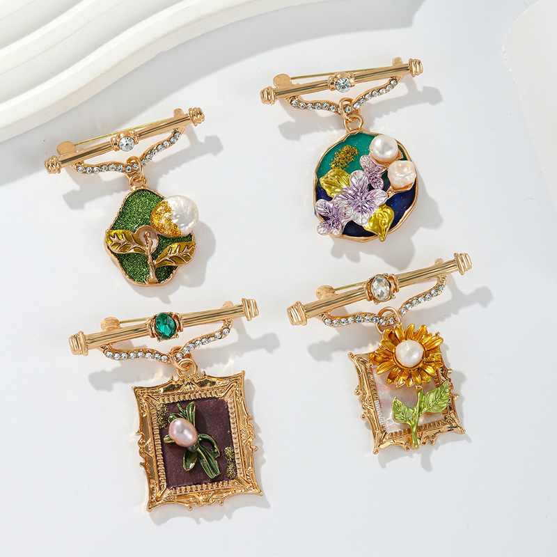 Middle Ancient vintage Oil Painting Brooch High-end Fashion Niche Light Luxury Plant Flower Vintage Pendant Pin Corsage