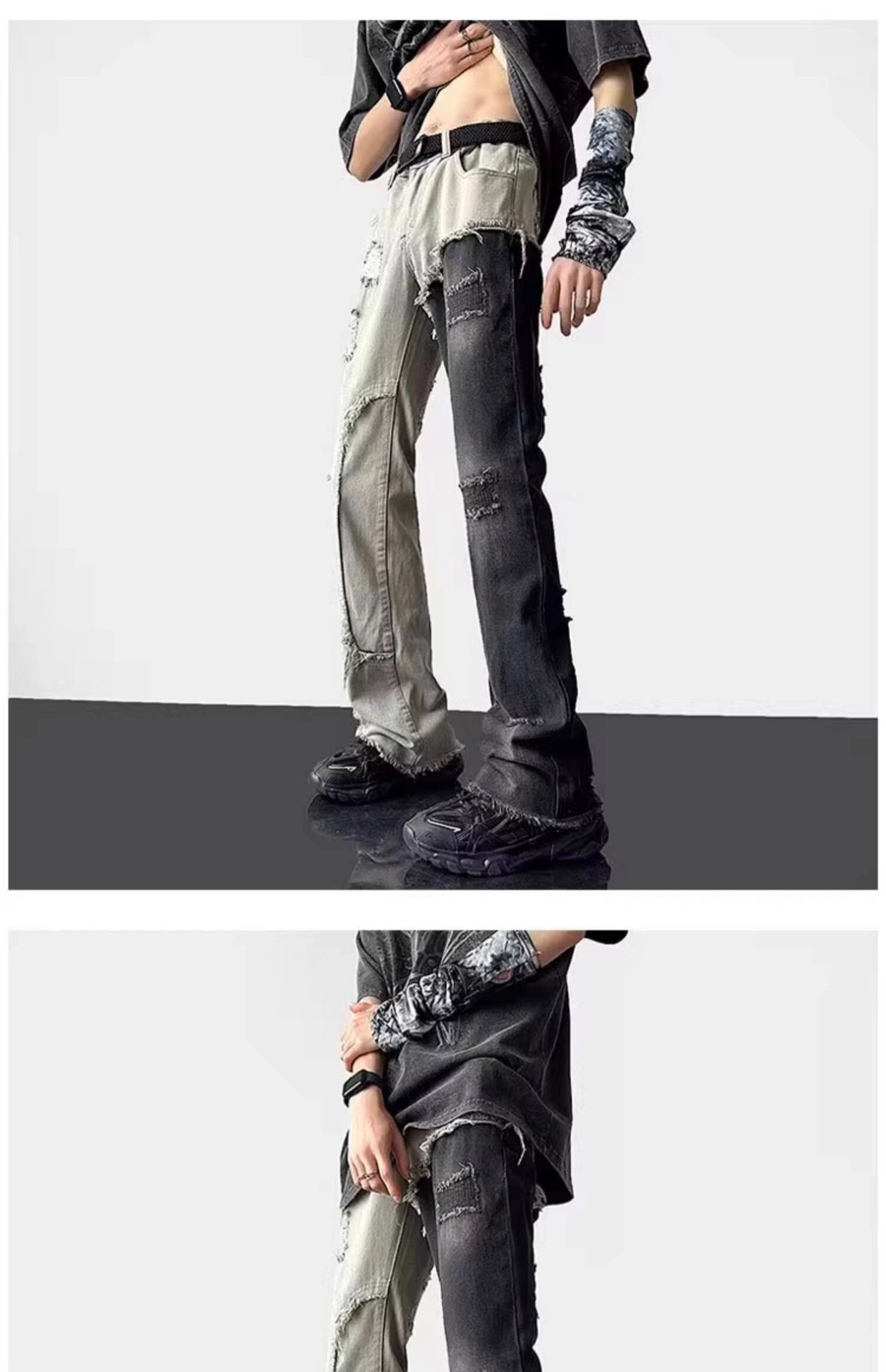 Men's Patchwork Color Block Ripped Jeans High Street Straight_voghion.com