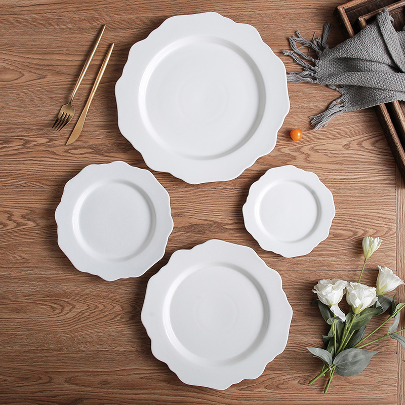 Pure White Ceramic Cup and Saucer Set Sunflower-Shaped Coffee Cup and Saucer Multi-Specification Series Shallow Plate Western Food Tableware