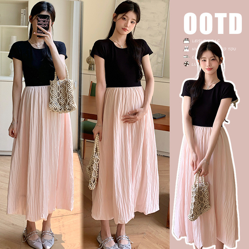 Maternity Wear Summer New Korean Style Splicing Bud Skirt Dress Literary Retro Chinese Style Elegant Dress