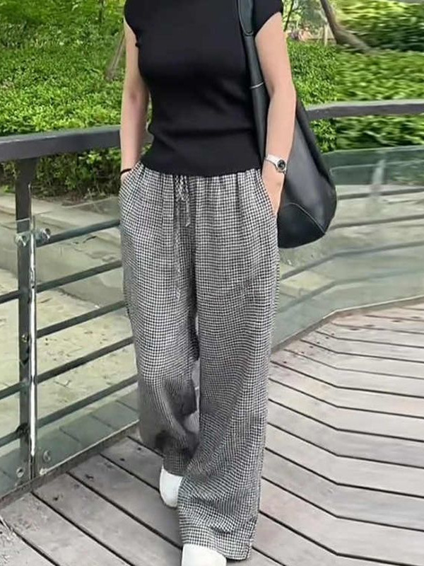 黑白格子阔腿裤女夏季新款抽绳松紧高腰直筒裤宽松显瘦休闲长裤子|undefined