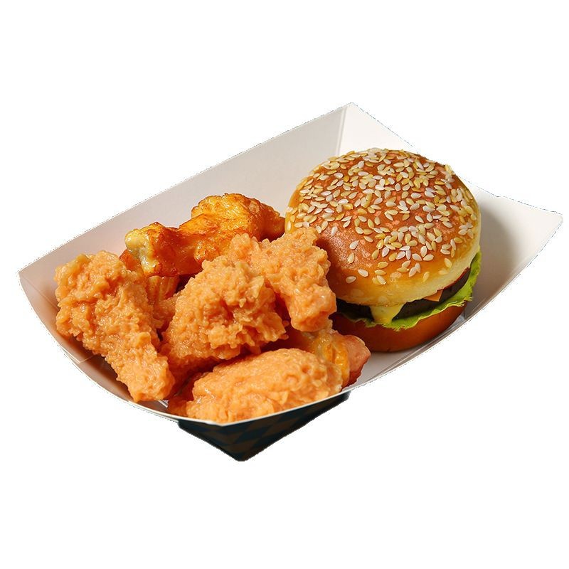 Pollo frito de comercio exterior personalizado, papas fritas, cartón blanco, caja de barco, brochetas a prueba de aceite, caja de empaque de bocadillos, caja abierta de flores de arroz con pollo sin descuento