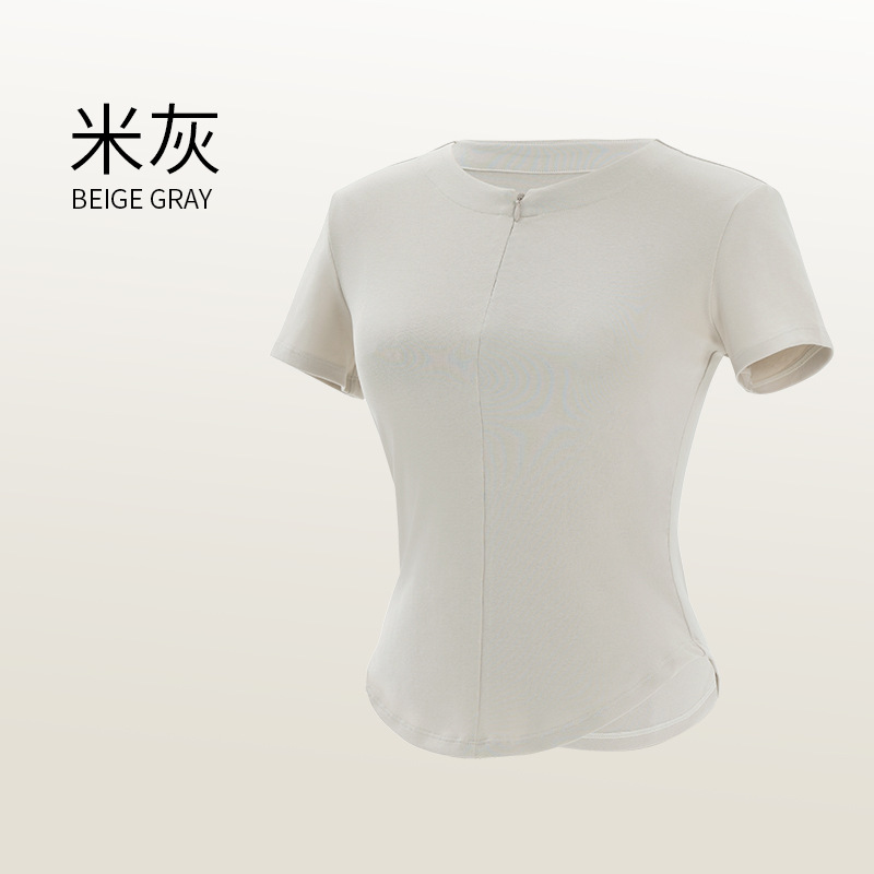 Ropa de yoga para mujeres adultas verano cuello redondo cremallera estilo traje de manga corta simple color sólido transpirable ropa de práctica superior